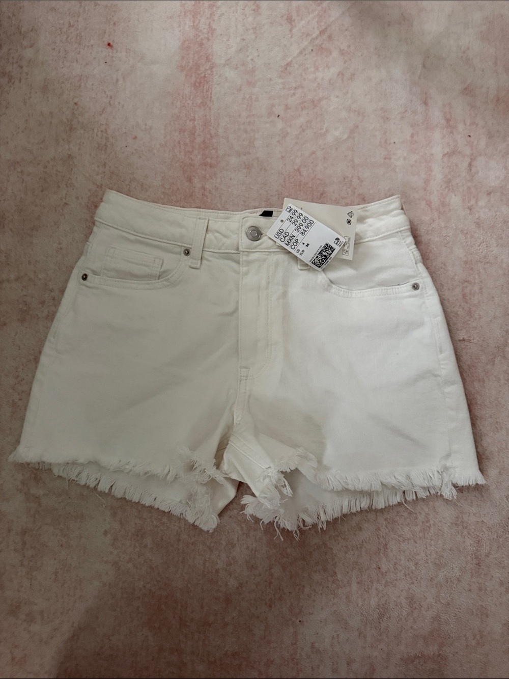 H&M Cream Frayed Hem Denim Shorts
